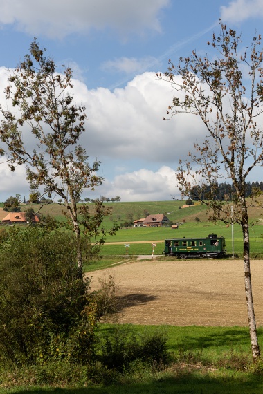 Der Dampftriebwagen CZm 1/2 31 der Dampfgruppe Zürich unterwegs bei einem unbewachten Bahnübergang zwischen Häusernmoos und Mussachen. Foto: Julian Brückel